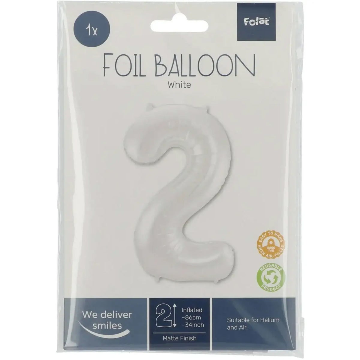 Folieballon 2 mat wit 86 cm Folieballon 2 mat wit 86 cm