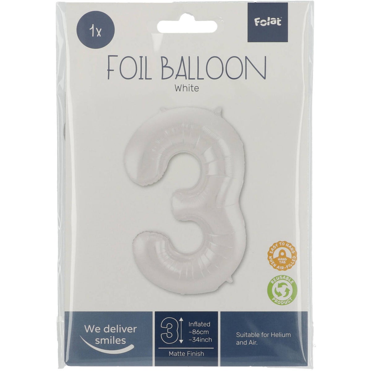 Folieballon 3 mat wit 86 cm Folieballon 3 mat wit 86 cm