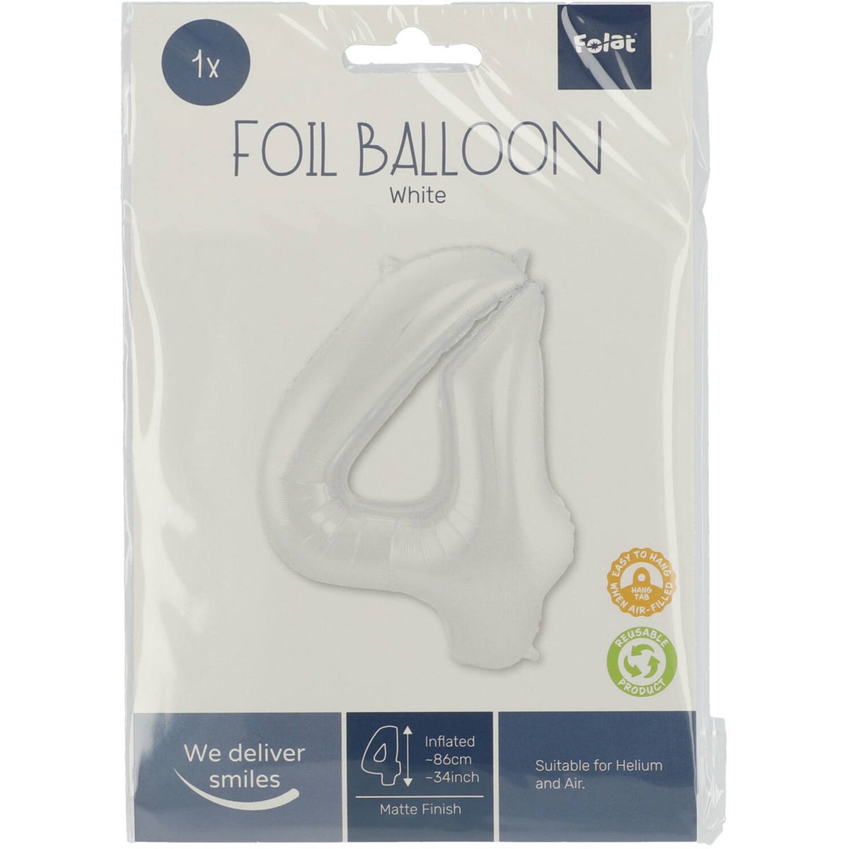 Folieballon 4 mat wit 86 cm Folieballon 4 mat wit 86 cm