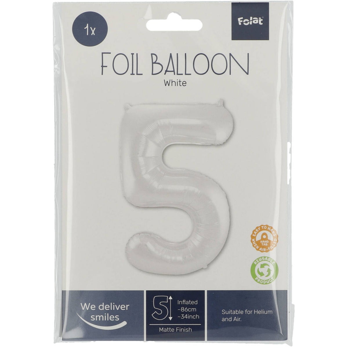 Folieballon 5 mat wit 86 cm Folieballon 5 mat wit 86 cm