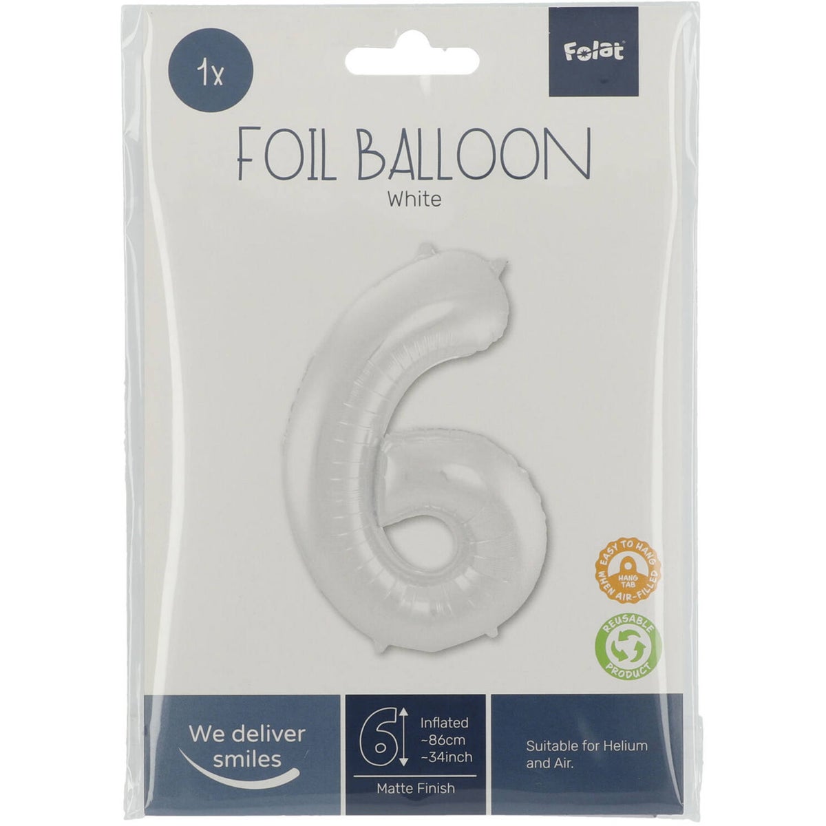 Folieballon 6 mat wit 86 cm Folieballon 6 mat wit 86 cm