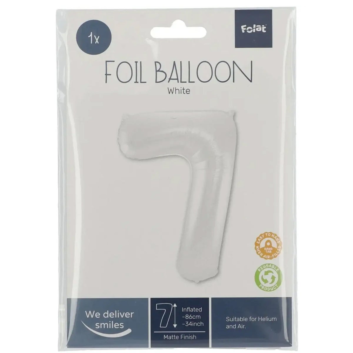 Folieballon 7 mat wit 86 cm Folieballon 7 mat wit 86 cm