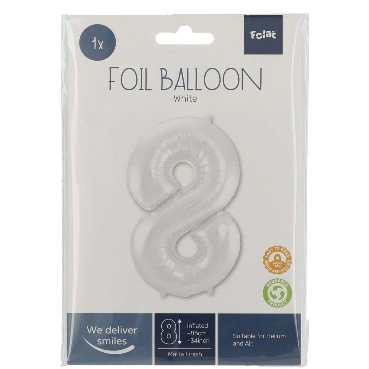 Folieballon 8 mat wit 86 cm Folieballon 8 mat wit 86 cm