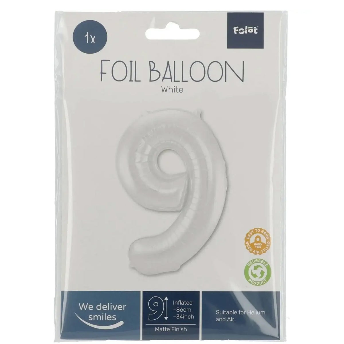 Folieballon 9 mat wit 86 cm Folieballon 9 mat wit 86 cm