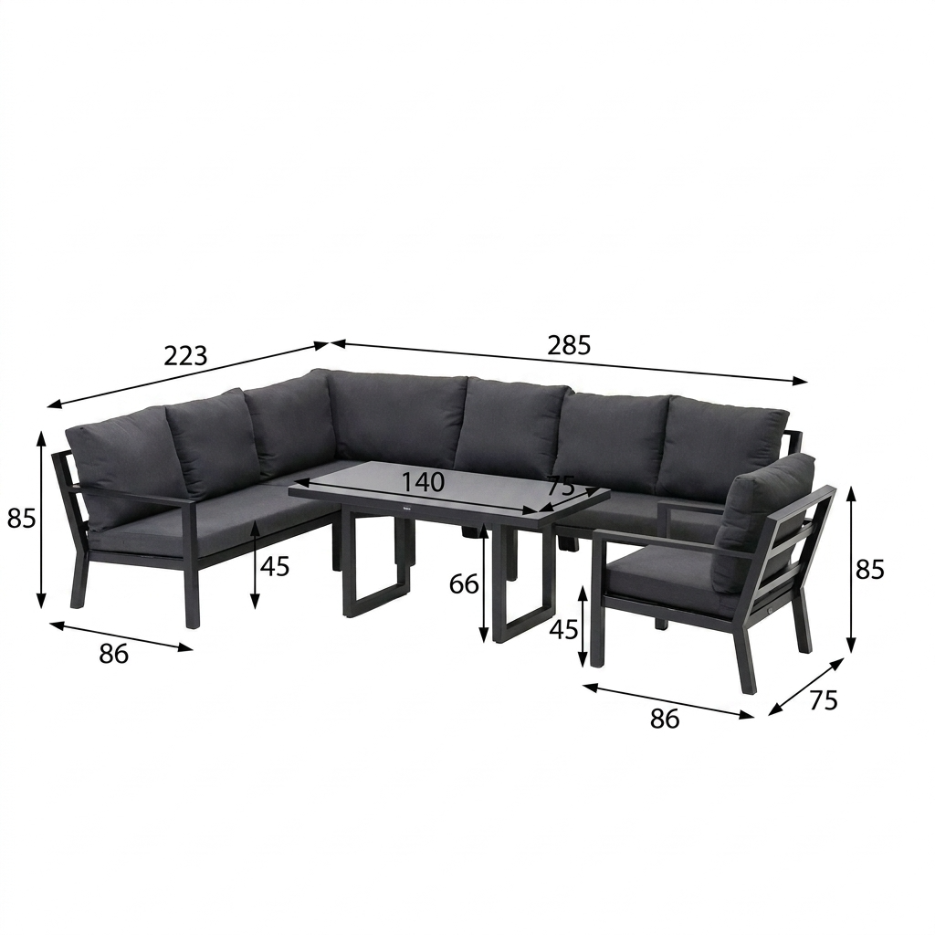 Dining Loungeset Brozzi - Zwart - 7-zits Schuine Hoek Dining Loungeset Brozzi - Zwart - 7-zits Schuine Hoek