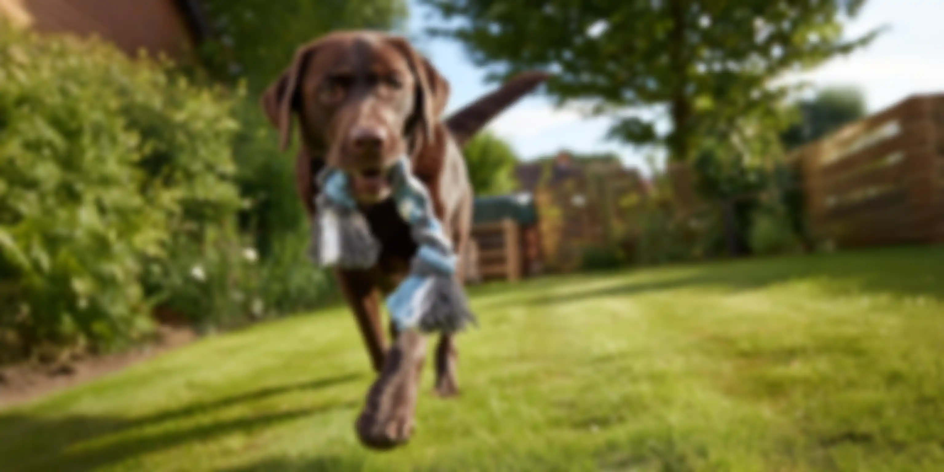 Hond op een hondenkussen op een camping met tent en auto op de achtergrond